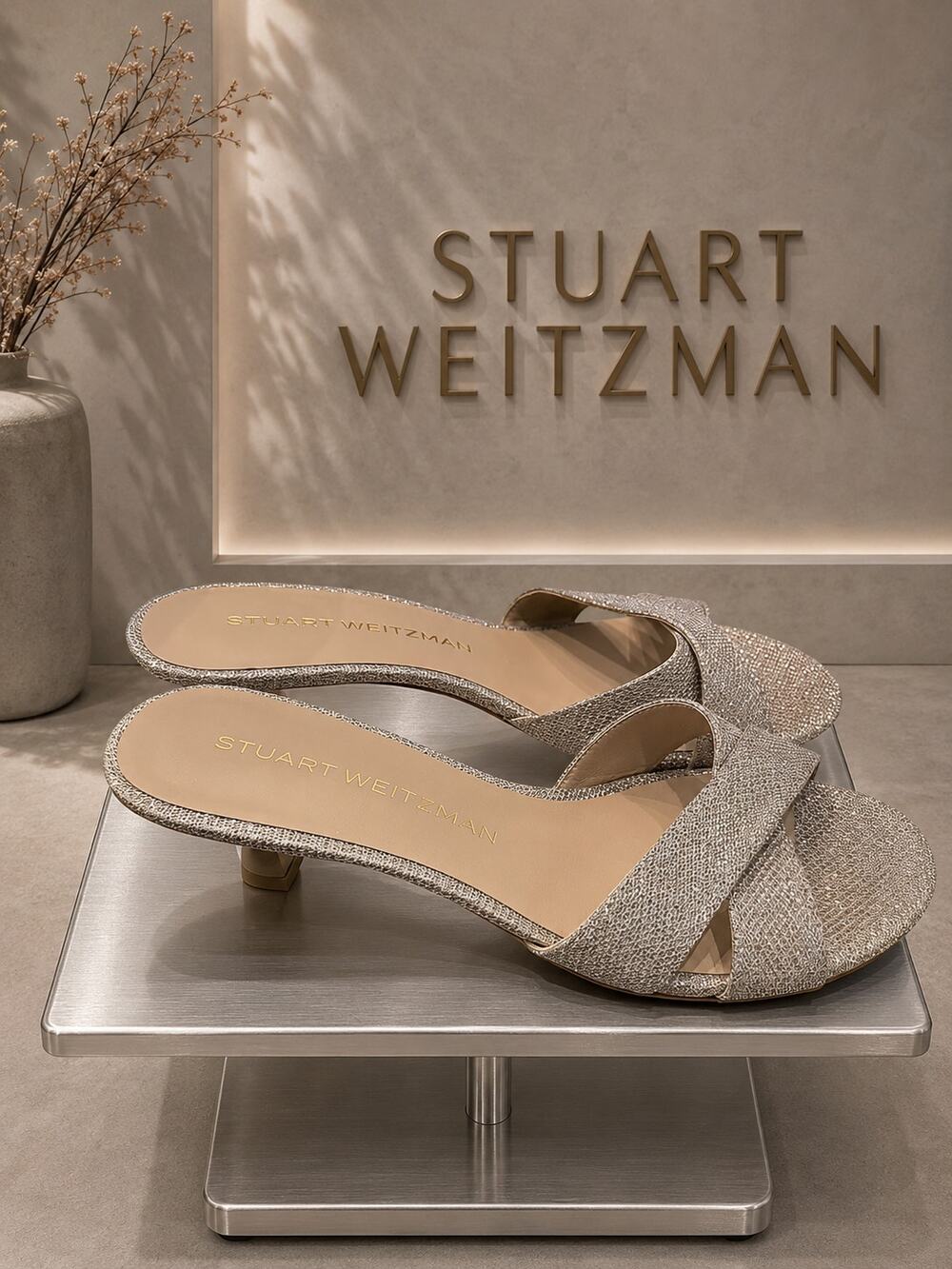 Stuart Weitzman Metallic Cross Strap Kitten Heel Sandals 6.5B NWOB